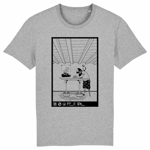 Grijs T-shirt met artwork van surfboard Shaper en papagaai op zijn schouder