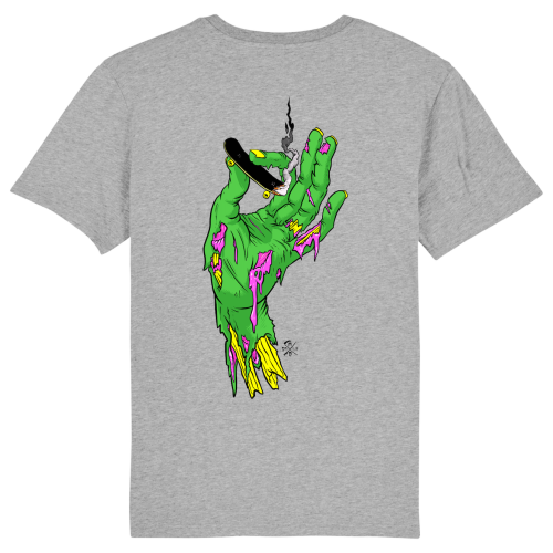 Grijs T-shirt met een groene skelet hand die een skateboard vasthoudt tussen duim en wijsvinger