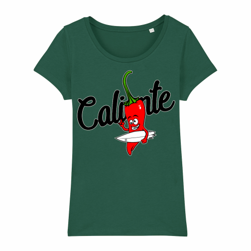 Groen dames T-shirt met een rode peper die een surfboard in z'n hand heeft en de tekst: 